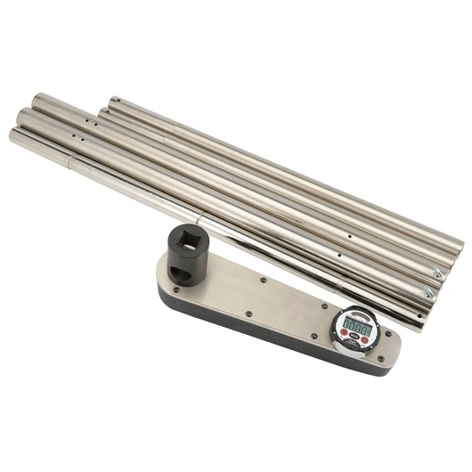 PROTO J6351 digital torque wrench with long metallic extension rods, white background, product photography.