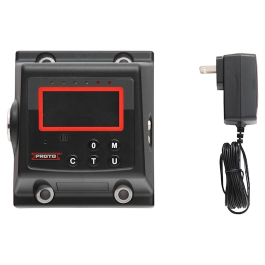 PROTO J6474E electronic control unit with keypad, black casing, and power adapter, front angle.