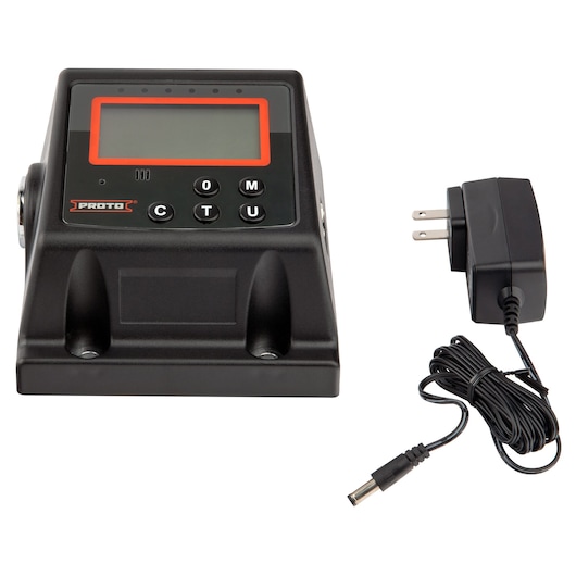 PROTO J6474E electronic device with display and keypad, front angle, includes power adapter, photography
