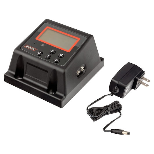 PROTO J6474E electronic controller with display and buttons, shown with power adapter, front angle