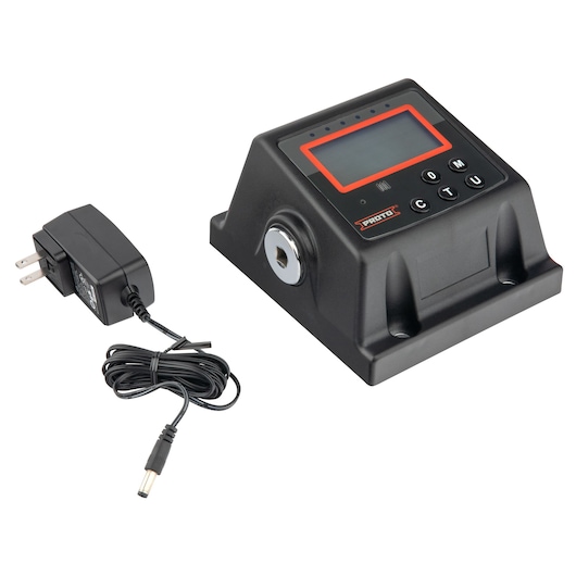 PROTO J6474E electronic torque tester with digital display and power adapter, front angle, photography.