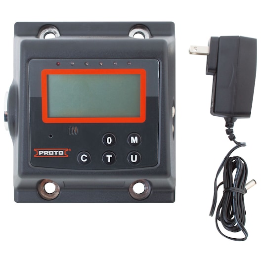 PROTO J6476E electronic control unit with LCD screen, control buttons, and power adapter, front angle.