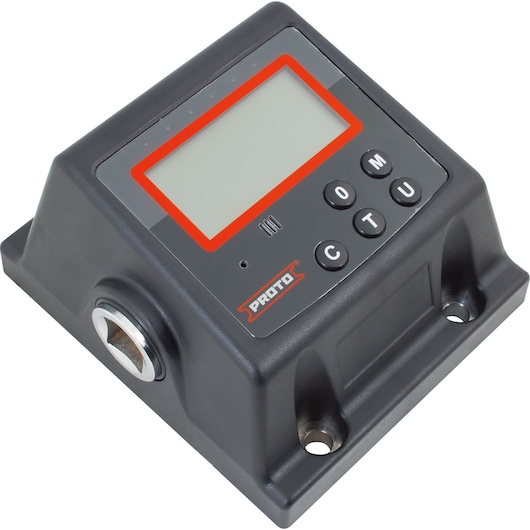 Photo of PROTO J6476E digital torque meter, black housing, LCD screen, control buttons, angled view on white background.