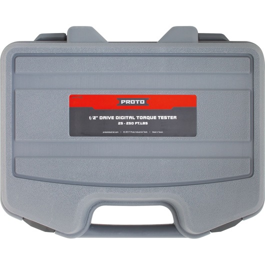 PROTO J6476E digital torque tester case, gray hard plastic with red and black label, front angle.