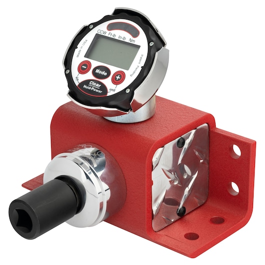 PROTO J6476 digital torque tester with red metal housing, digital display, and mounting plate, front angle.