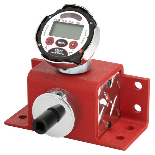 PROTO J6478 digital torque tester with red metal housing, LCD screen, and control buttons, shown at front angle on white background.