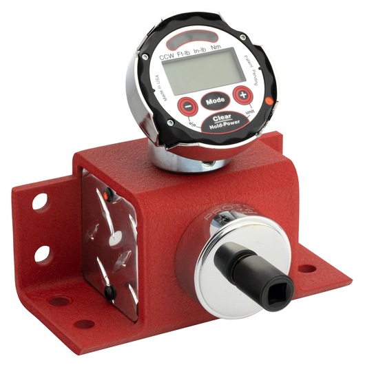 PROTO J6478 digital torque tester with red metal casing and LCD display, photography from front right angle.