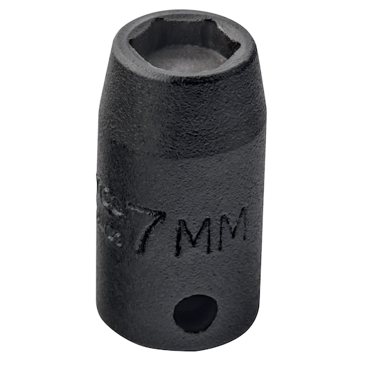 PROTO J6907MHF black 7mm hex socket tool upright on white background, showing size marking and socket opening.