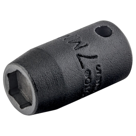 PROTO J6907MHF black impact socket, hex opening, angled view, photography on white background.