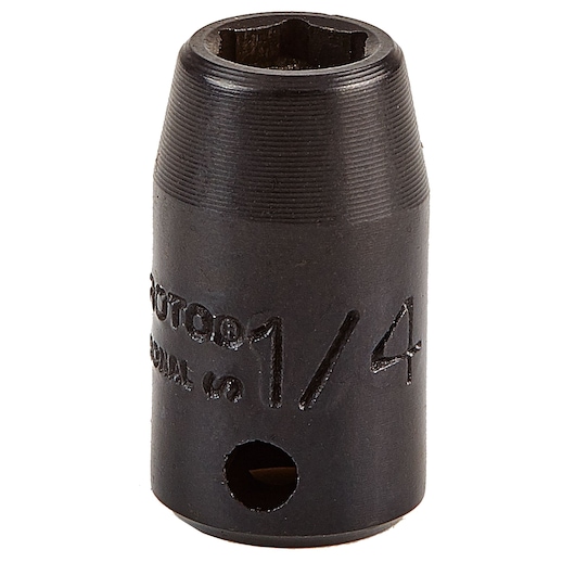 PROTO J6908PF black 1/4-inch socket, front angle, engraved sizing visible, isolated on white background.