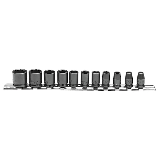 PROTO J69106 socket set, 12-piece black six-point sockets on metal rail, front angle, white background.