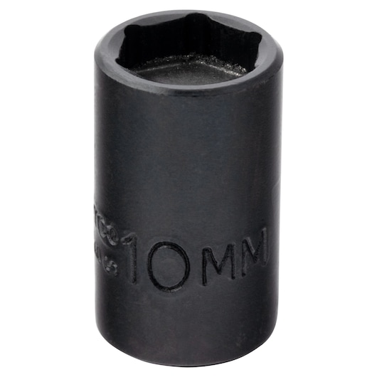 PROTO J6910MPF black 10mm impact socket, cylindrical shape, top angle on white background.