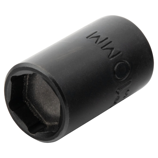 Photo of PROTO J6910MPF black 10mm impact socket, angled on white background.