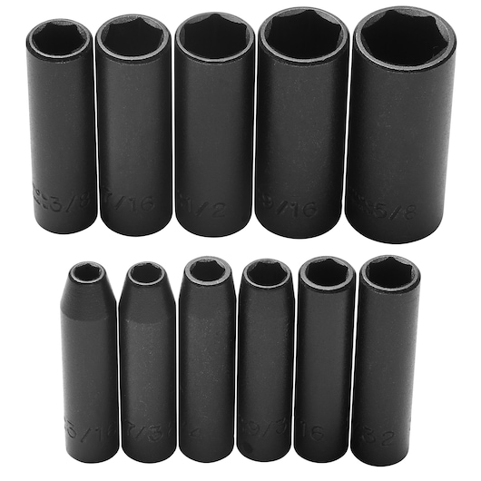 PROTO J69116 set of ten black impact sockets, various sizes, displayed upright on white background.