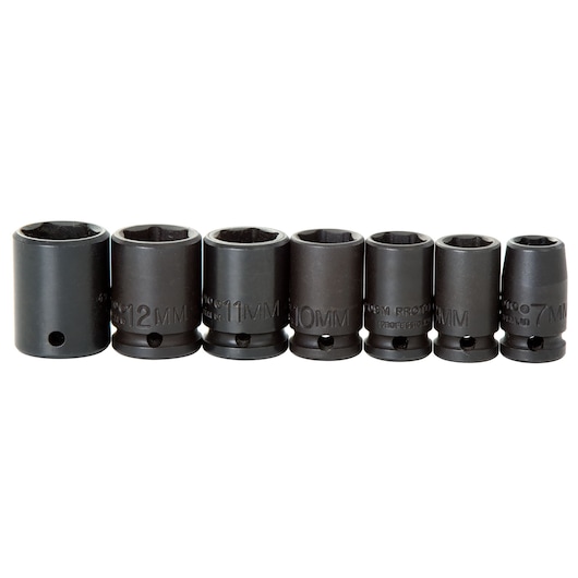 PROTO J69202 metric impact socket set, seven black sockets of varying sizes, front angle on white background.