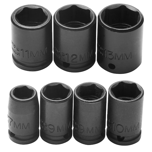 PROTO J69202 set of seven black impact sockets, various metric sizes, photography with white background, product front view.
