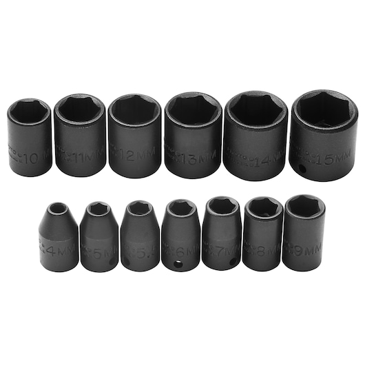 PROTO J69206 socket set, 12-piece, black finish, metric sizes, photographed on white background.