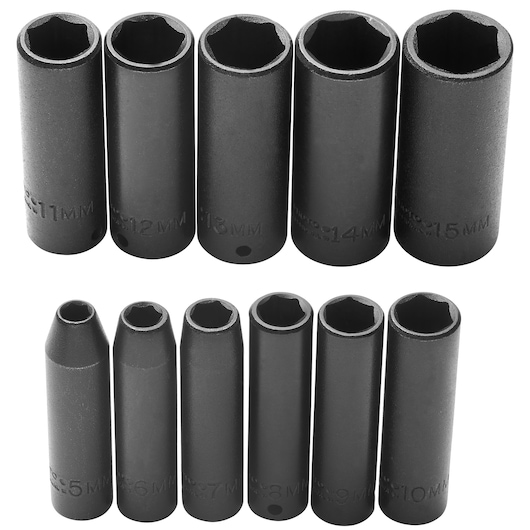 PROTO J69212 set of 10 black deep well impact sockets in various metric sizes, photographed on white background.