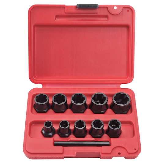 PROTO J69X00 bolt extractor socket set with nine sockets and a bar in a red plastic case, top view.