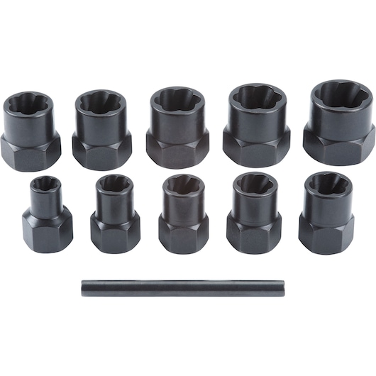 PROTO J69X00 black bolt extractor socket set with ten sockets and one rod, front angle on white background.