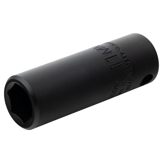 PROTO J7011MHT black 11mm deep impact socket, hex opening, photography, angled on white background.