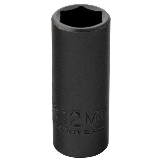 PROTO J7012MHT 12mm black impact socket, cylindrical shape, product photography, front angle on white background.