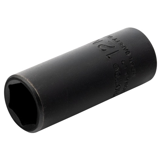 PROTO J7012MHT black deep impact socket, cylindrical tool with embossed markings, angled on white background.