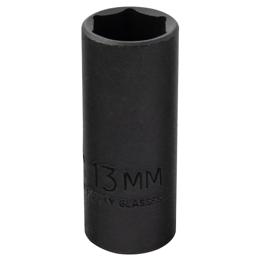PROTO J7013MHT black 13mm deep impact socket, cylindrical, front angle, photography.