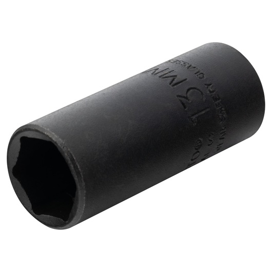 PROTO J7013MHT black 13mm deep impact socket, side angle on white background.