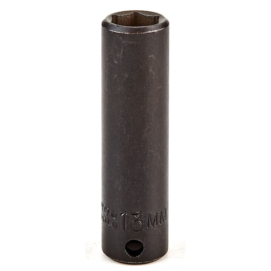 PROTO J7013M deep 6-point 13mm socket, black, upright front view, plain white background.