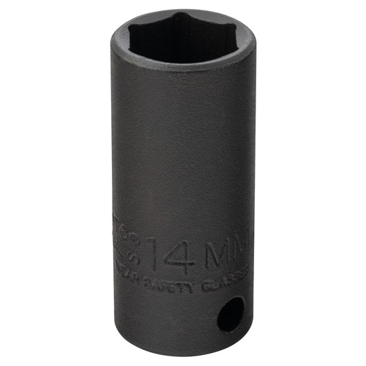 PROTO J7014MHT deep 14mm impact socket, black finish, cylindrical, front angle on white background.