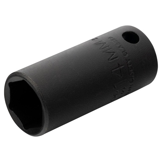 PROTO J7014MHT black impact socket, 14mm, cylindrical, side angle on white background.