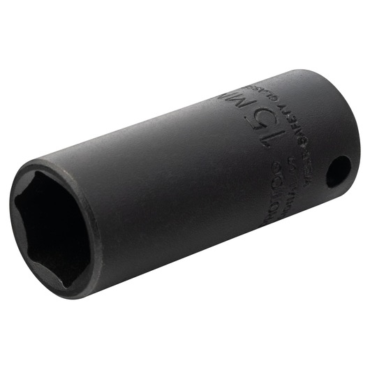 PROTO J7015MHT black hex deep socket, side angle on white background, showing engraved size markings.