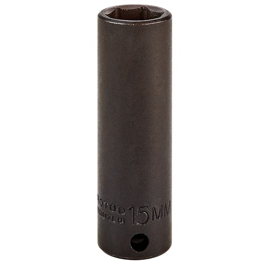 PROTO J7015M deep impact socket, 15mm, black, cylindrical, photography on white background.