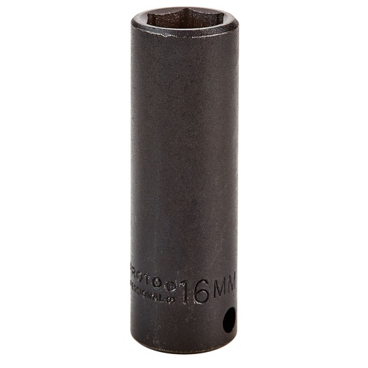 PROTO J7016M deep 16mm impact socket, black finish, upright front angle on white background.