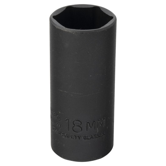 PROTO J7018MHT 18mm black impact socket, cylindrical, six-point design, front angle on white background.