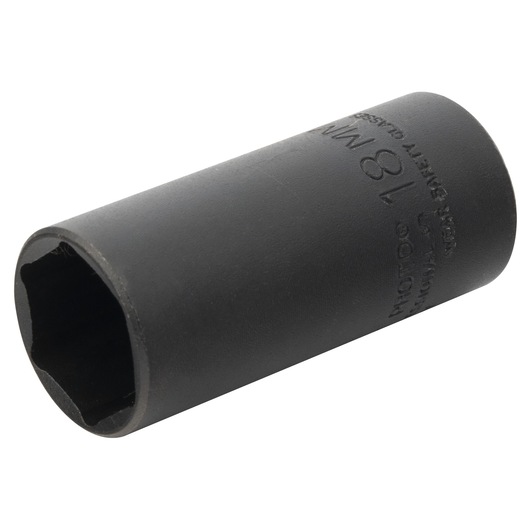 PROTO J7018MHT black 18mm impact socket, cylindrical shape, side angle, white background.