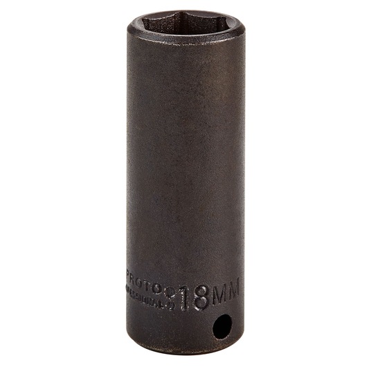 PROTO J7018M 18mm deep impact socket, black finish, front angle photo on white background.