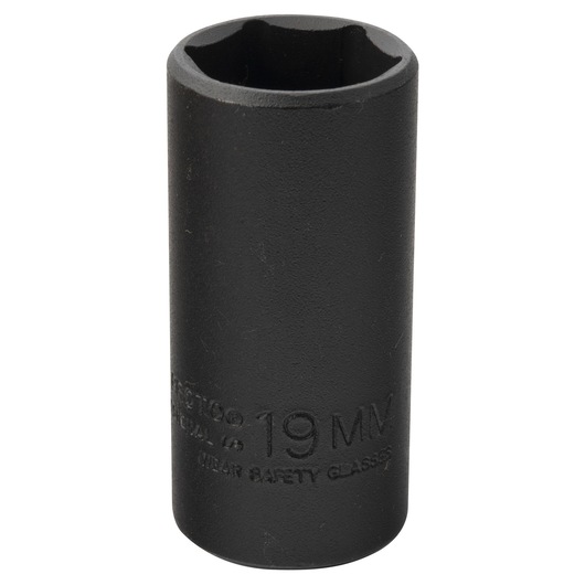 PROTO J7019MHT black 19mm impact socket, cylindrical design, front angle on white background.
