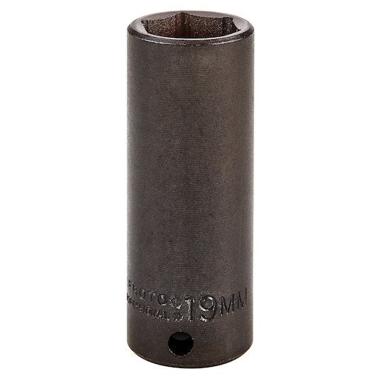 Photo of PROTO J7019M deep impact socket, 19mm, black finish, upright on white background.