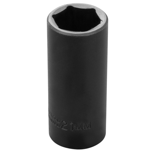 PROTO J7021M black 21mm impact socket, cylindrical shape, upright angle, white background.