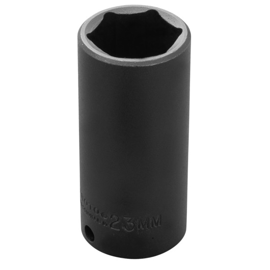 PROTO J7023M 23mm black impact socket, cylindrical shape, six-point, upright angle on white background.