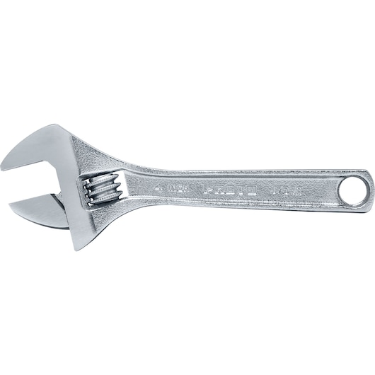 PROTO adjustable wrench J704A, silver metal, side view on white background.