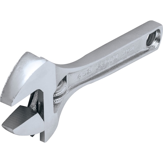 PROTO adjustable wrench J704A, silver metal, offset handle, side angle on white background.