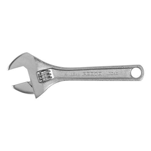 Photo of PROTO adjustable wrench J704B, silver metal, side view on white background.