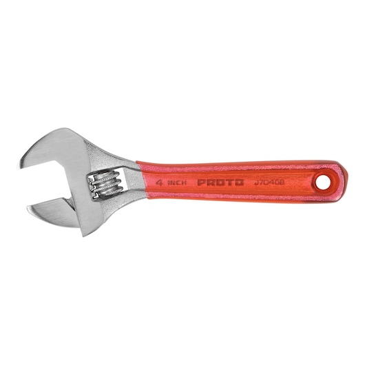 Photo of PROTO J704GB adjustable wrench with red handle, side angle on white background.