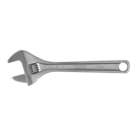 PROTO J708B adjustable wrench, silver finish, 8 inch, product photography, side angle on white background.