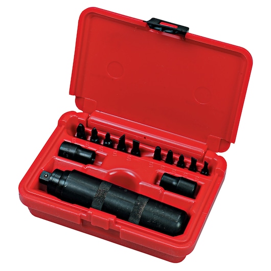 PROTO J7099A impact driver set with multiple bits in red plastic case, top view.