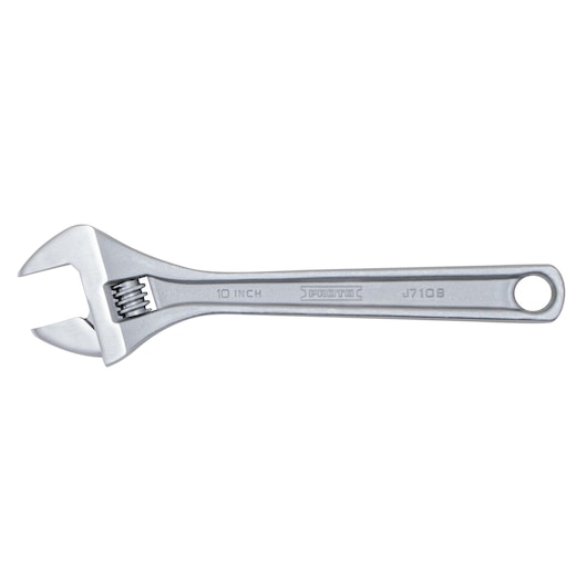 Photo of PROTO J710B adjustable wrench, silver finish, 10 inch, side view on white background.