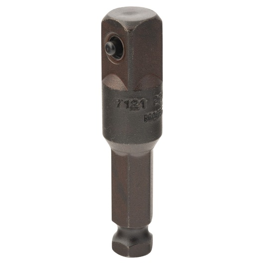 PROTO J7121 socket adapter in dark metal, photography on white background, angled view highlighting hex shank and detent ball.